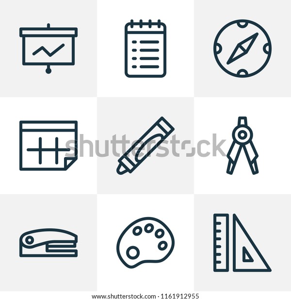 Tool icons line style set with calendar, to do\
list, drawing compass and other stationery elements. Isolated \
illustration tool\
icons.