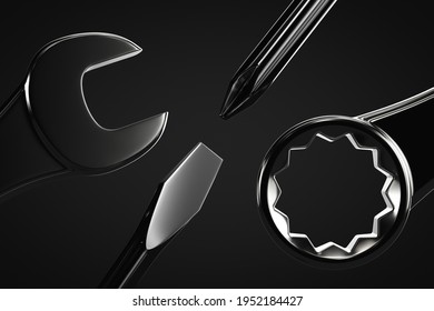 Tool Kit: Screwdrivers And Wrenches. Dark Background.  3d Rendering