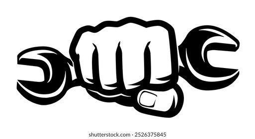 Tool wrench in hand. Repair service work, workshop symbol. Black and white illustration - Powered by Shutterstock