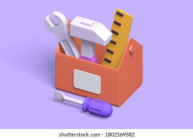 Toolbox 3D render with repair equipment of roller, hammer, screwdriver. 3d render concept tools for repair, tools at hand. - Powered by Shutterstock