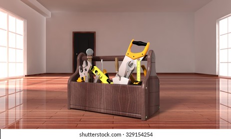 Toolbox on wooden floor inside in empty house interior. - Powered by Shutterstock