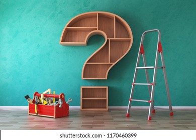 Toolbox With Tools, Ladder And Bookshelf In Form Of Question Mark. Renovation, Construction And Improvement FAQ Concept. 3d Illustration