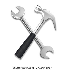 Tools arranged on a flat surface showing a wrench and a hammer for construction or repair work