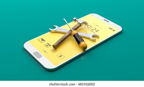Tools on a smartphone on green background. 3d illustration