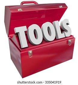 Tools Word In 3d Letters In Red Metal Toolbox To Symbolize Skills, Resources And Capabilities