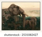 Toomai of the elephants (1903) wild animal illustration by Charles Maurice Detmold. Vintage art drawing illustration, old painting art print, vintage elephants illustration, elephants in the forest