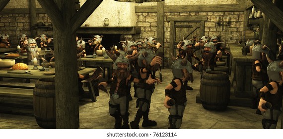 Toon Viking Dwarf Horde Drinking In A Fantasy Medieval Style Tavern, 3d Digitally Rendered Illustration