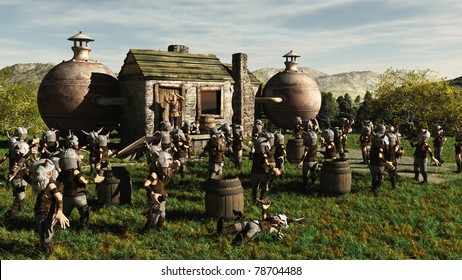 Toon Viking Dwarf Horde Drinking At A Fantasy Medieval Style Brewery In Front Of A Worried Brewery Owner, 3d Digitally Rendered Illustration