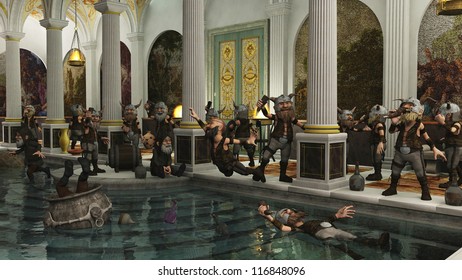 Toon Viking Dwarf Horde Partying In A Roman Bath House, 3d Digitally Rendered Illustration