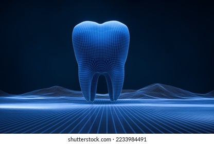 Tooth with blue digital line structure, 3d rendering. Digital drawing.