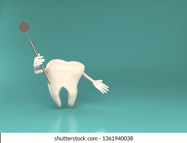 tooth character with dental mirror, concept image for dental check up or examination, 3d illustration.