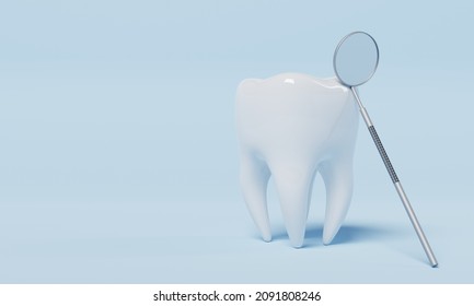Tooth with dental inspection mirror on blue background. Dental and Health care concept. 3D illustration rendering