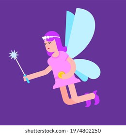 Tooth Fairy Isolated. Coin Exchange For Tooth. Little Magical Woman. Tiny Creature With Wings. Flying Mythical Fabulous Character And Magic Wand

