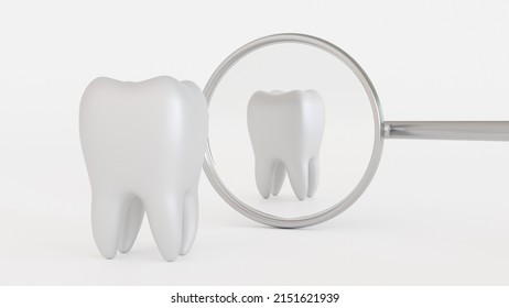 Tooth icon with medical dentist tool or inspection mirror for teeth, dental care dentist concept, 3D rendering.