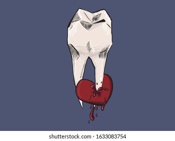 A Tooth pierce red heart bleeding