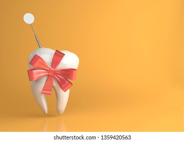 Tooth shape character, gift and dental mirror, Concept for dental check up offer, Isolated on orange background with copy space for your text or clinic promotion. 3D illustration. - Powered by Shutterstock