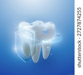 Tooth in translucent glass shield and bubbles fluorine radius ring surrounds, Dental hygiene concept, 3D rendering