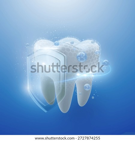 Tooth in translucent glass shield and bubbles fluorine radius ring surrounds, Dental hygiene concept, 3D rendering