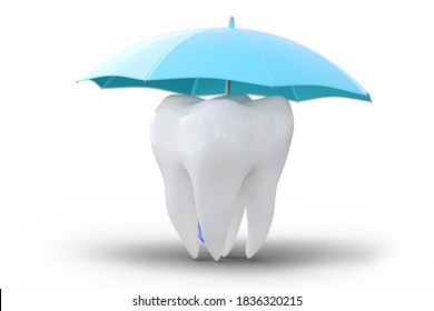 A Tooth Under An Umbrella, Isolated On White Background. Protect Health, Insurance Concept, Dental, Medical Care. 3d Illustration