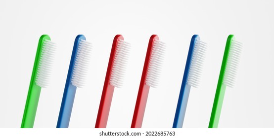 Toothbrush In Different Colors, Angle View. Plastic Tooth Brush Mockup, Dental Care And Oral Hygiene Product, Toiletries Template, Isolated On White Background. Realistic Illustration, 3d Render