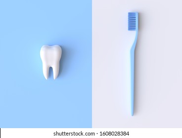 Toothbrush And White Tooth On A Blue Background. Concept Of Dental Examination Teeth, Dental Health And Hygiene. 3d Rendering Illustration