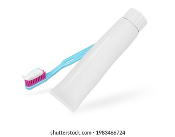 toothpaste and toothbrush isolated on white background. Tooth and mouth care. 3d illustration