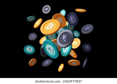 Top 3 cryptocurrency tokens explosion. Bitcoin Btc, Ethereum Eth and Usdt Tether coins. Suitable for illustrating ads and news about crypto. High quality 3D rendering. - Powered by Shutterstock