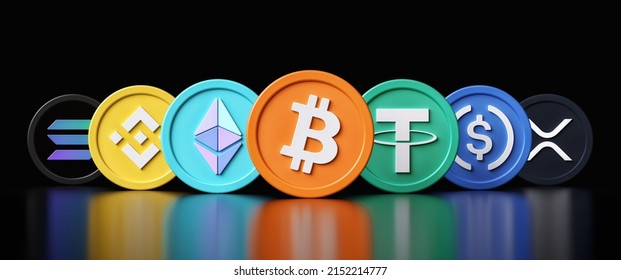 Top 7 cryptocurrency tokens by market capitalization on May 2022. Bitcoin, Ethereum, Tether, Binance, Usd coin, Solana and Xrp 3D icons on black background. High quality 3D rendering.
