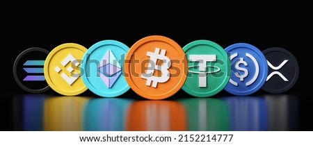 Top 7 cryptocurrency tokens by market capitalization on May 2022. Bitcoin, Ethereum, Tether, Binance, Usd coin, Solana and Xrp 3D icons on black background. High quality 3D rendering. Stock photo © 
