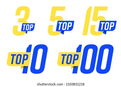 TOP Banner Set For Chart Leader Rating Compilation Or Category. Three, Ten, Five And Hundred Number For List Rate Champion Or Winner Recognition Illustration Isolated On White Background