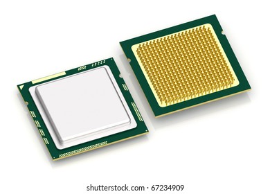 Top and bottom view of CPU processor on white background. High resolution 3D image