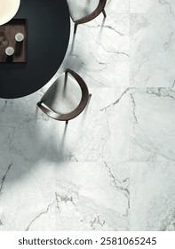 Top and close up view of dining table and chairs on marble floor. 3D Rendering