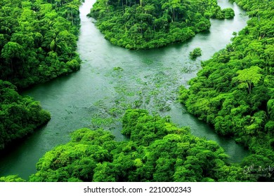 Top Down Aerial View Of A Lush With River Amazon Stream Forest From Above Drone Deciduous Flora Outdoor Scene Summer Leafy From The Air Scene  3d Illustration