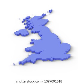 Top Down Angled View Of Blue Map Of United Kingdom On White Background. 3d Illustration