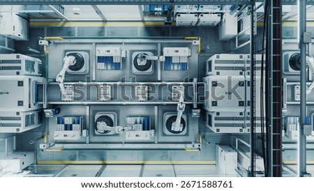 Top Down Shot of a High Tech Factory with Robotic Arms Assembling Electronic Components on a Production Line Conveyor Belt. Automation and Artificial Intelligence in a Modern Manufacturing Process