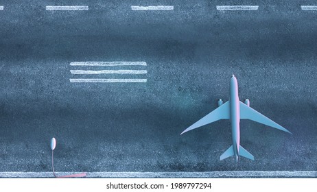 Top Down View Of Airplanes Parked On Airport Runway. 3d Rendering.