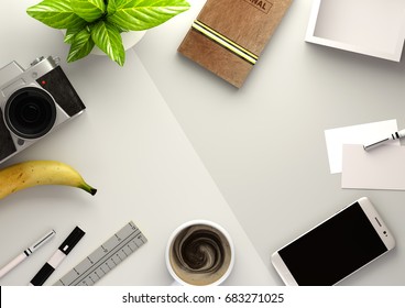 Top Down View Of A Business Desktop With A Smartphone, Office Accessories,a Journal, Coffee And Snacks. 3D Illustration Render.