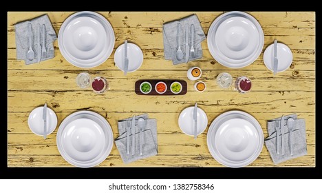 Top down view of a dinner table isolated on black, mock-up, 3d rendering