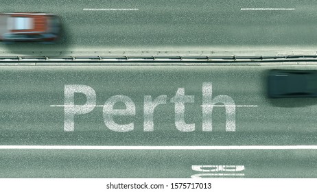 Top Down View Of The Highway With Revealing Perth Text. Driving In Australia 3D Rendering