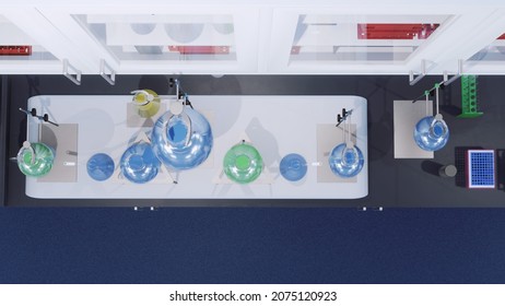 Top down view of modern science medical lab workplace table with flasks, test tubes, beakers and other research laboratory equipment in close-up. With no people 3D illustration from my 3D rendering.