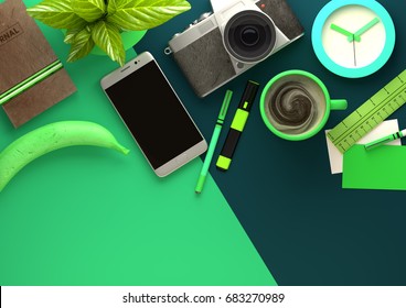 Top Down View Of Modern Work Space Office Desk With Essentials Including Coffee, Office Plant, Mobile Device, Camera, Food Snacks And Business Tools - In Green. 3D Illustration Render.