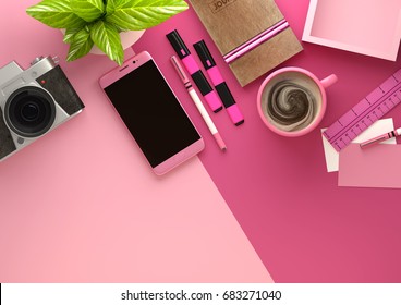 Top Down View Of Modern Work Space Office Desk With Essentials Including Coffee, Office Plant, Mobile Device, Camera, Food Snacks And Business Tools - In Pink. 3D Illustration Render.