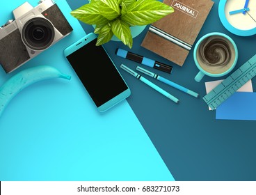 Top Down View Of Modern Work Space Office Desk With Essentials Including Coffee, Office Plant, Mobile Device, Camera, Food Snacks And Business Tools - In Blue. 3D Illustration Render.