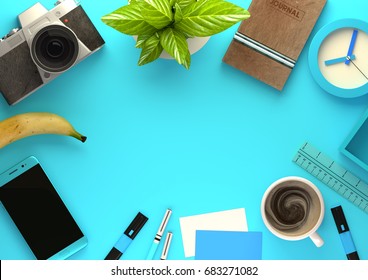 Top Down View Of Modern Work Space Office Desk With Essentials Including Coffee, Office Plant, Mobile Device, Camera, Food Snacks And Business Tools - In Blue. 3D Illustration Render.