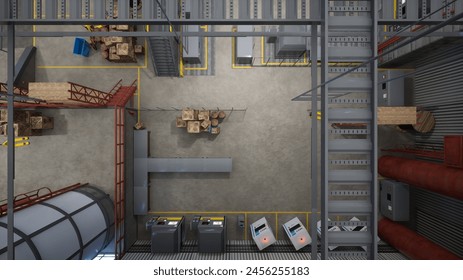 Top down view of rows of computerized machines in warehouse, 3D rendering. CNC machinery hardware used for automatization processes in industrial plant, aerial drone shot. 3D Illustration