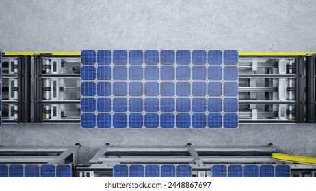 Top down view of solar panels on assembly line operated by high tech robot arms in modern sustainable factory. Aerial shot of photovoltaics produced in modern automated facility