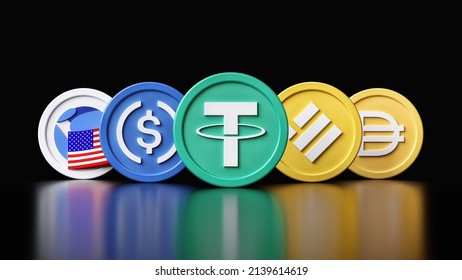 Top five cryptocurrency stablecoin tokens by market capitalization on March 2022. Tether, Usd Coin, Binance Usd, Terra Usd and Dai. High quality 3D rendering.