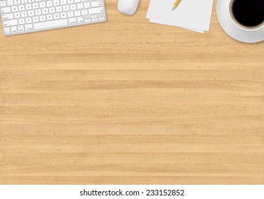 Top office table with cup of coffee, papers, pencil, mouse and keyboard