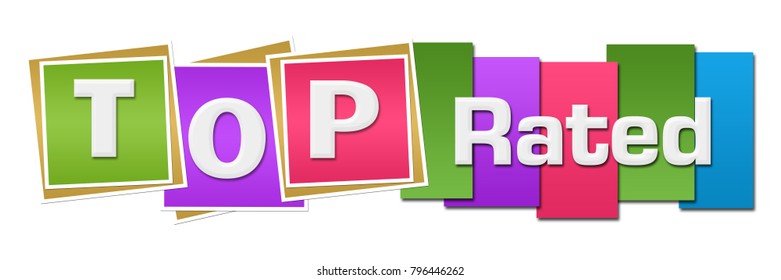 Top rated text written over colorful  background.