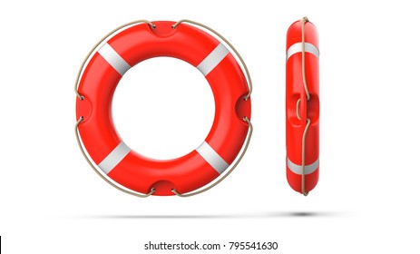 Top and side view of lifebuoy, isolated on a white background with shadow. 3d rendering set of two red life ring buoy.